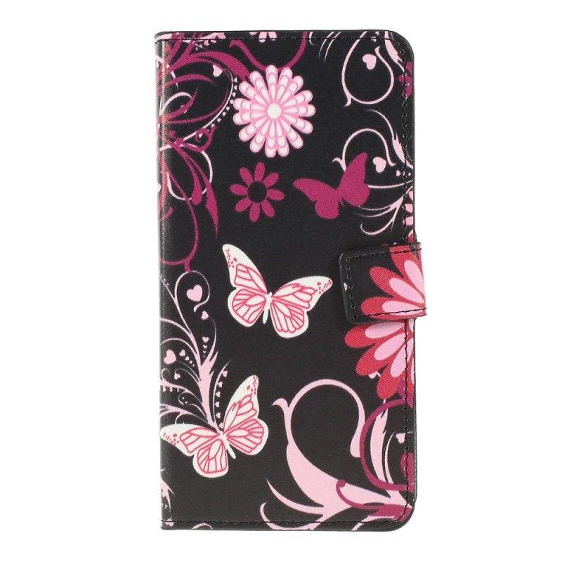 Flip Cover Læder Samsung Galaxy A10 Sort Sommerfugle Og Blomster