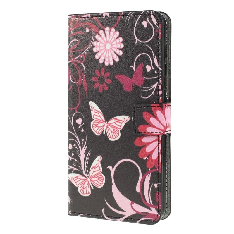 Flip Cover Læder Samsung Galaxy A10 Sort Sommerfugle Og Blomster