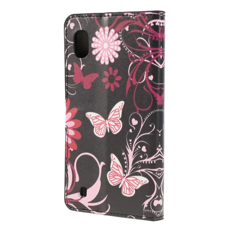 Flip Cover Læder Samsung Galaxy A10 Sort Sommerfugle Og Blomster