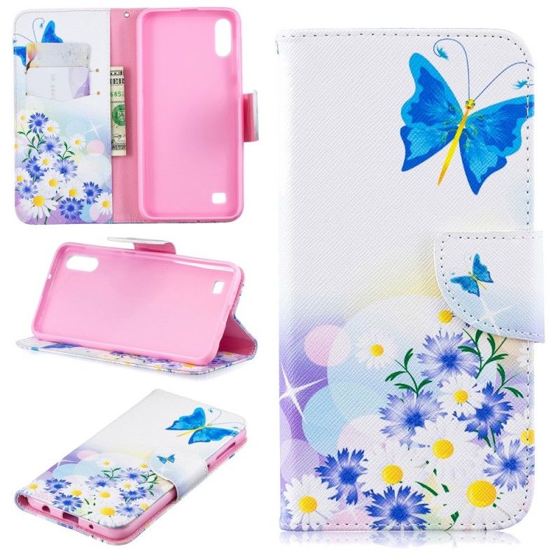 Flip Cover Samsung Galaxy A10 Pink Malede Sommerfugle Og Blomster