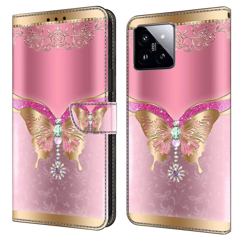 Flip Cover Xiaomi 14 Guld-pink Sommerfugl