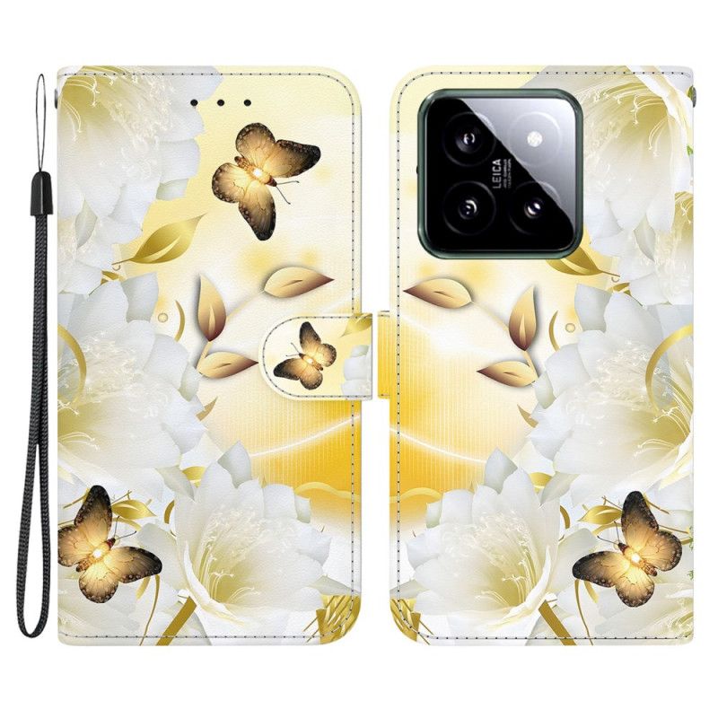 Flip Cover Xiaomi 14 Gyldne Sommerfugle Og Hvide Blomster Med Rem