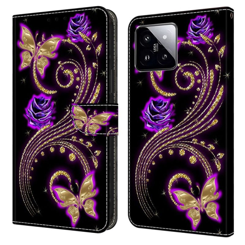 Flip Cover Xiaomi 14 Lilla Blomster Og Sommerfugle