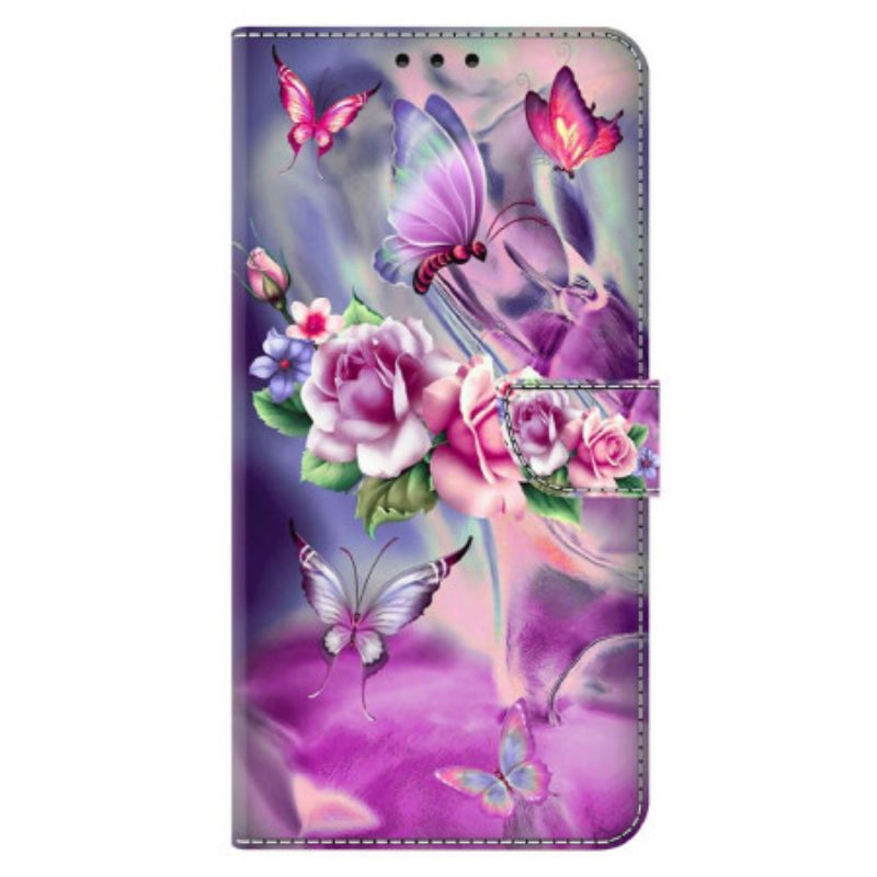 Læder Cover Xiaomi 14 Telefon Etui Lilla Sommerfugle Og Blomster