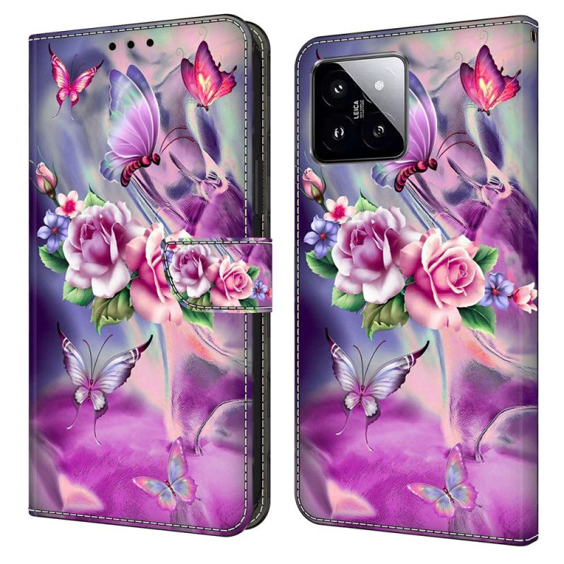 Læder Cover Xiaomi 14 Telefon Etui Lilla Sommerfugle Og Blomster