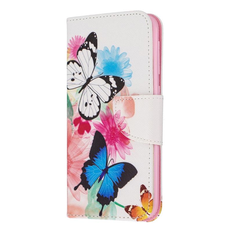 Flip Cover Læder for Samsung Galaxy A10e Magenta Malede Sommerfugle Og Blomster