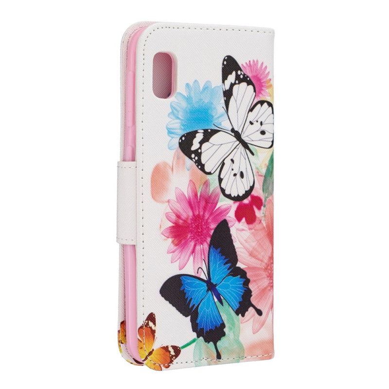 Flip Cover Læder for Samsung Galaxy A10e Magenta Malede Sommerfugle Og Blomster