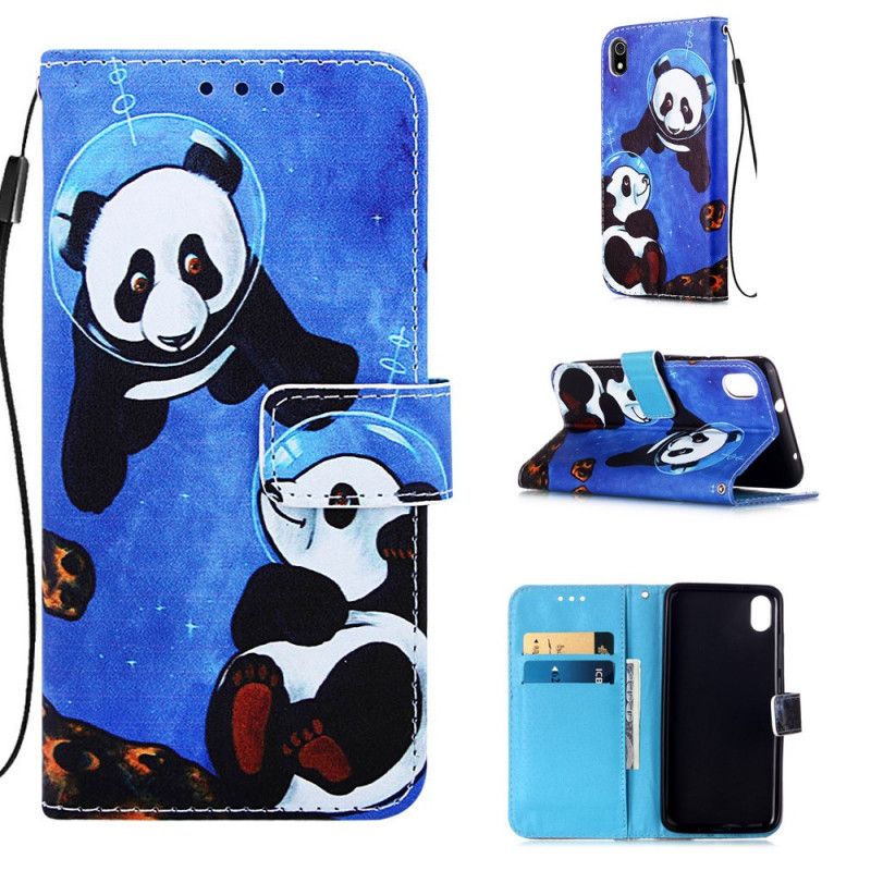 Flip Cover Læder for Xiaomi Redmi 7A Pandas Kosmonauter Med Rem