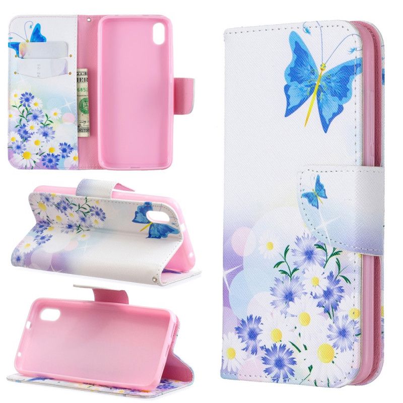 Flip Cover Læder for Xiaomi Redmi 7A Pink Malede Sommerfugle Og Blomster