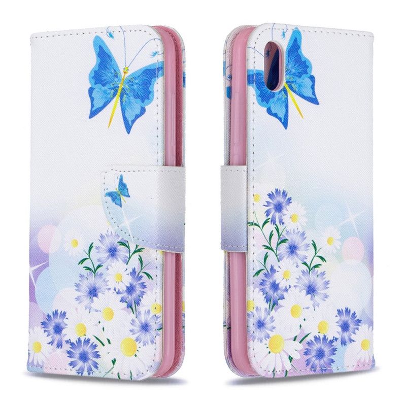 Flip Cover Læder for Xiaomi Redmi 7A Pink Malede Sommerfugle Og Blomster