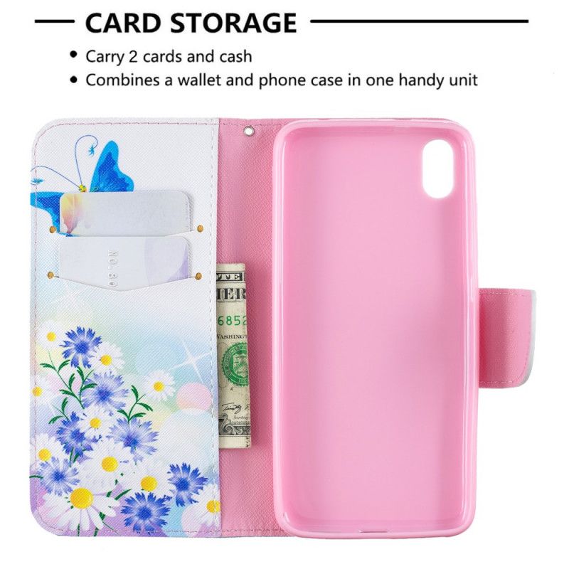 Flip Cover Læder for Xiaomi Redmi 7A Pink Malede Sommerfugle Og Blomster