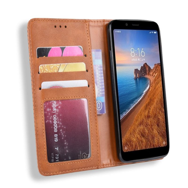 Læder Cover Xiaomi Redmi 7A Sort Stiliseret Vintage Lædereffekt