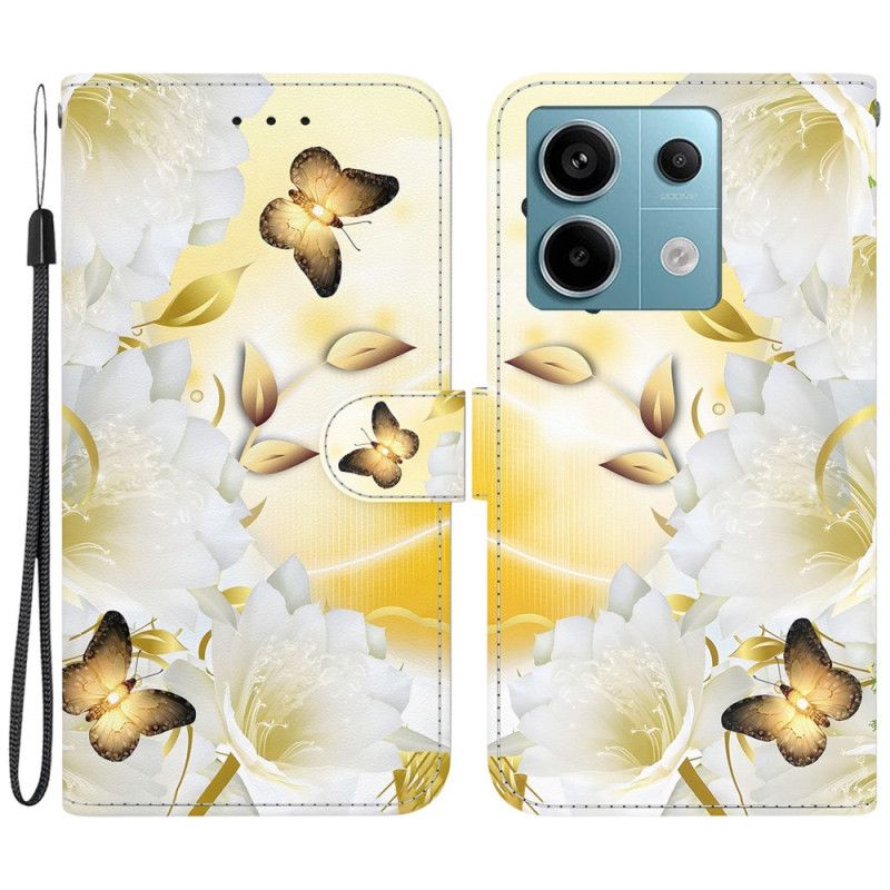 Flip Cover Xiaomi Redmi Note 13 Pro 5g Gyldne Sommerfugle Og Hvide Blomster Med Rem