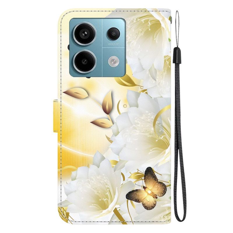 Flip Cover Xiaomi Redmi Note 13 Pro 5g Gyldne Sommerfugle Og Hvide Blomster Med Rem