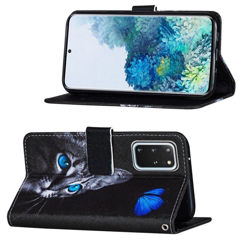 Flip Cover Læder for Samsung Galaxy S20 Plus / S20 Plus 5G Kat Og Blå Sommerfugl