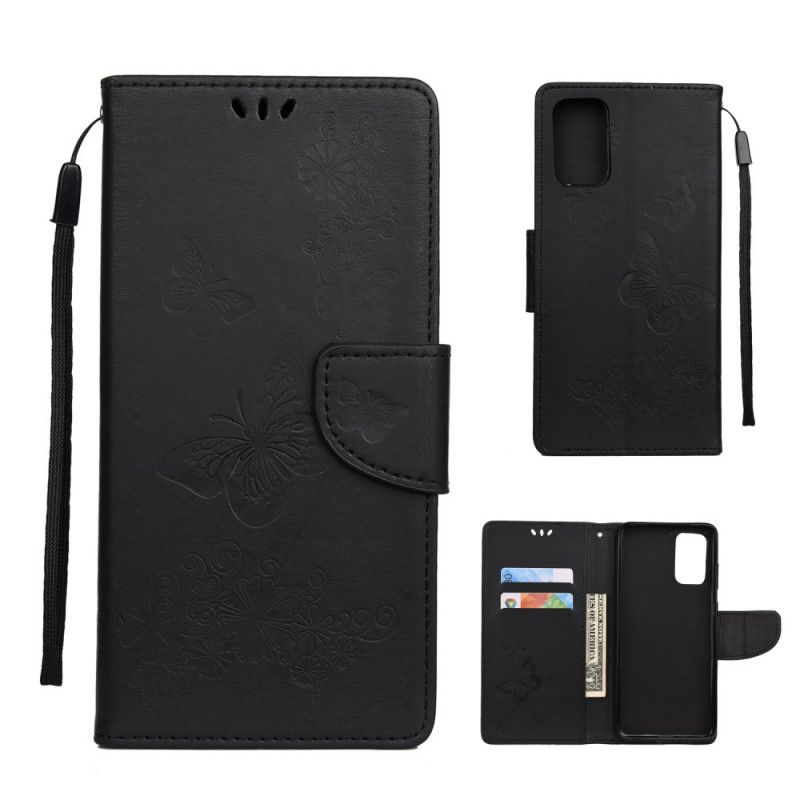 Flip Cover Læder for Samsung Galaxy S20 Plus / S20 Plus 5G Sort Kun Sommerfugle Med Rem