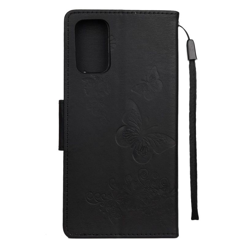 Flip Cover Læder for Samsung Galaxy S20 Plus / S20 Plus 5G Sort Kun Sommerfugle Med Rem