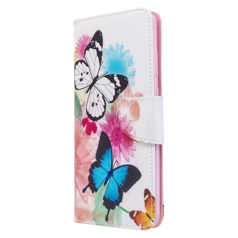 Flip Cover Læder Samsung Galaxy S20 Plus / S20 Plus 5G Magenta Malede Sommerfugle Og Blomster