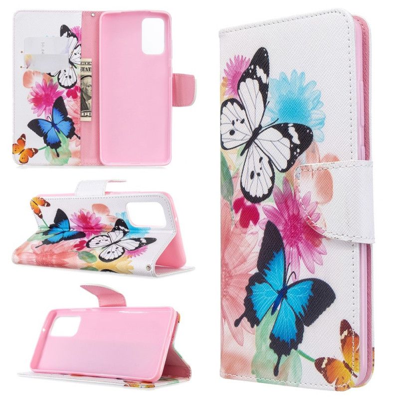 Flip Cover Læder Samsung Galaxy S20 Plus / S20 Plus 5G Magenta Malede Sommerfugle Og Blomster