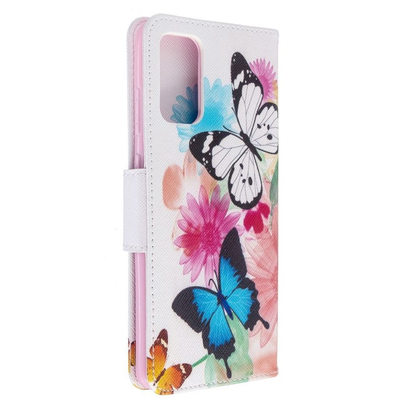 Flip Cover Læder Samsung Galaxy S20 Plus / S20 Plus 5G Magenta Malede Sommerfugle Og Blomster