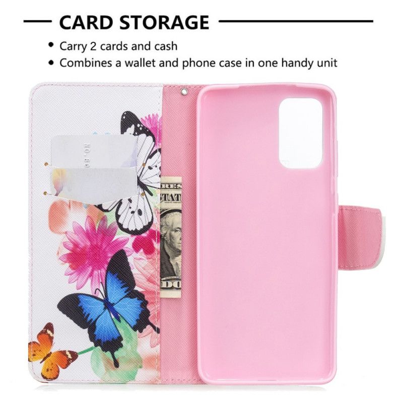 Flip Cover Læder Samsung Galaxy S20 Plus / S20 Plus 5G Magenta Malede Sommerfugle Og Blomster