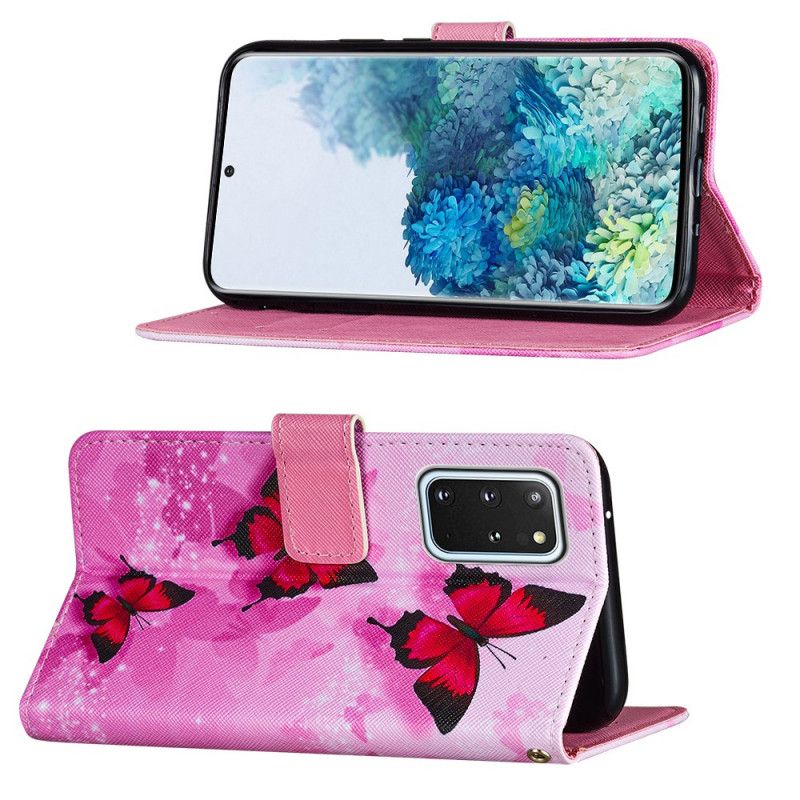 Flip Cover Læder Samsung Galaxy S20 Plus / S20 Plus 5G Magenta Teksturerede Kunstlæder Sommerfugle