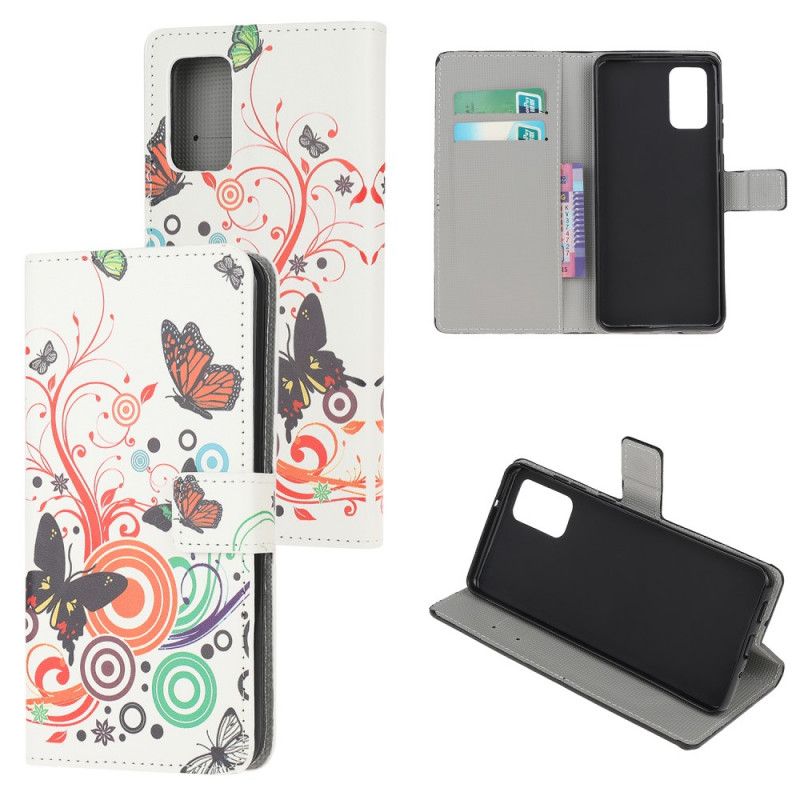 Flip Cover Læder Samsung Galaxy S20 Plus / S20 Plus 5G Sort Sommerfugle Og Blomster Original