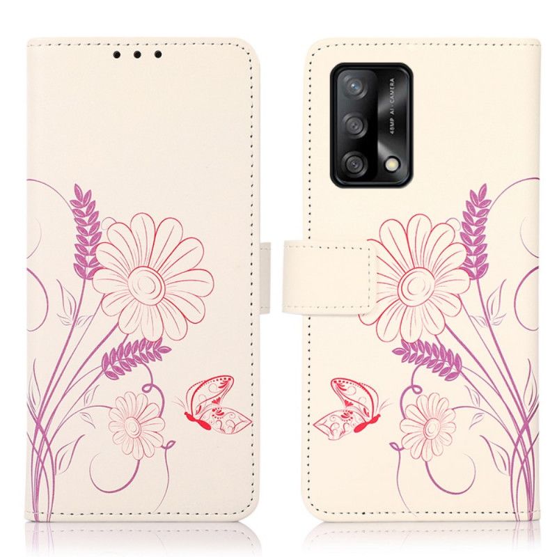 Læder Cover Oppo A74 4g Tegning Af Sommerfugle Og Blomster