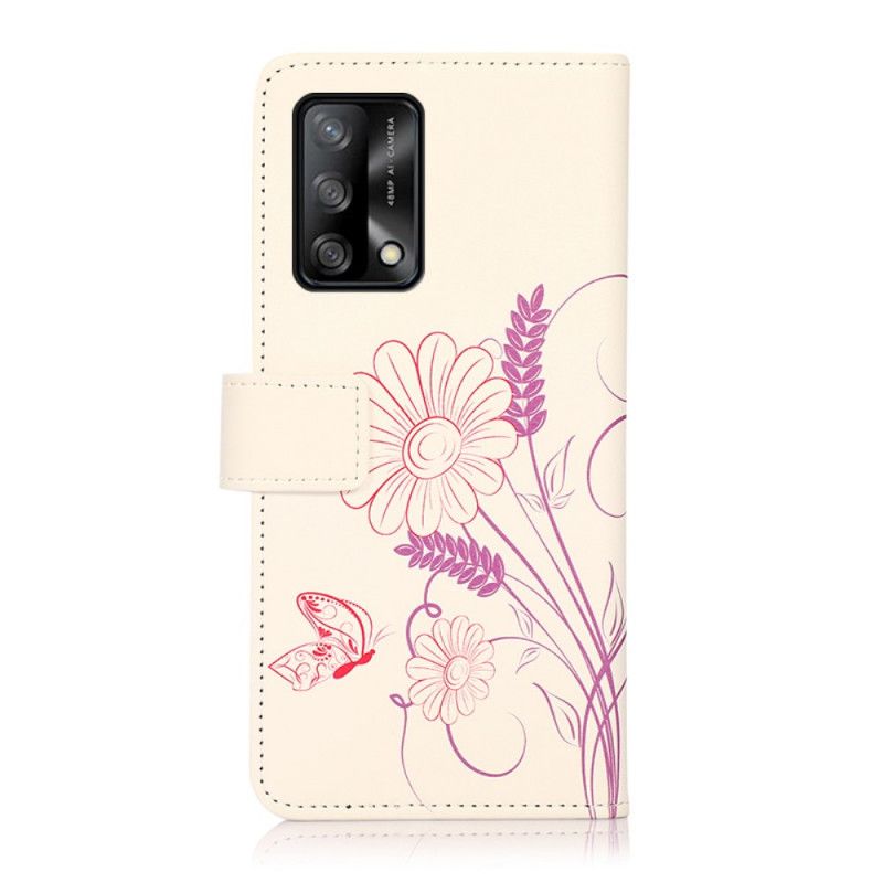 Læder Cover Oppo A74 4g Tegning Af Sommerfugle Og Blomster