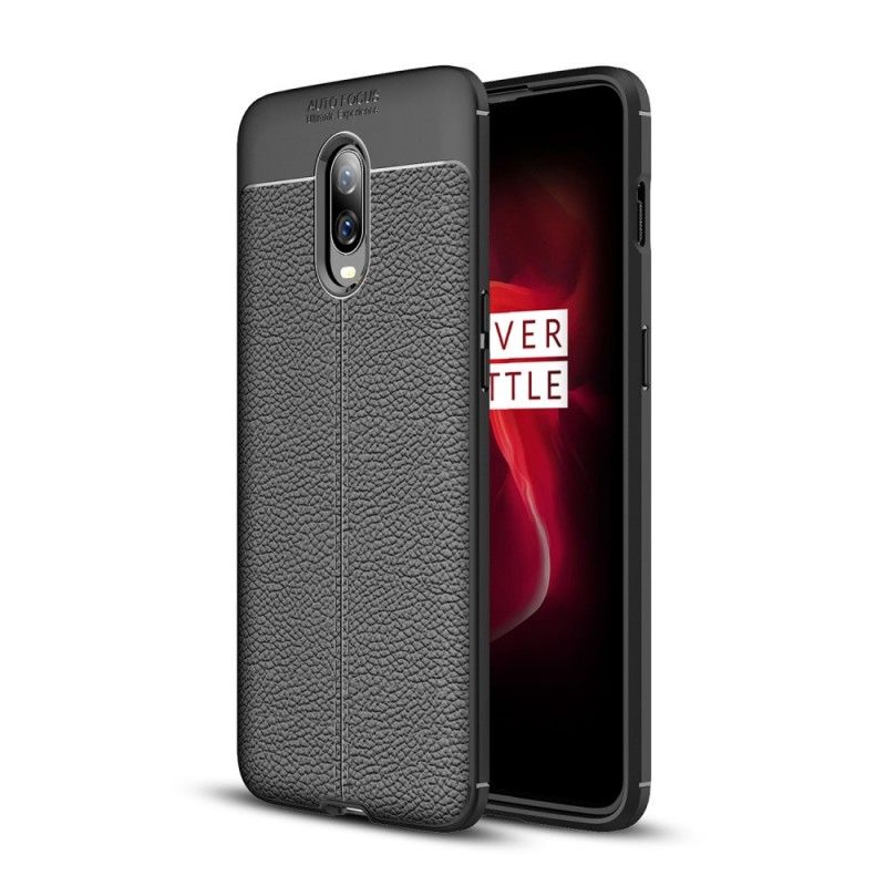 Cover OnePlus 6T Sort Dobbeltlinjeret Lychee-Lædereffekt