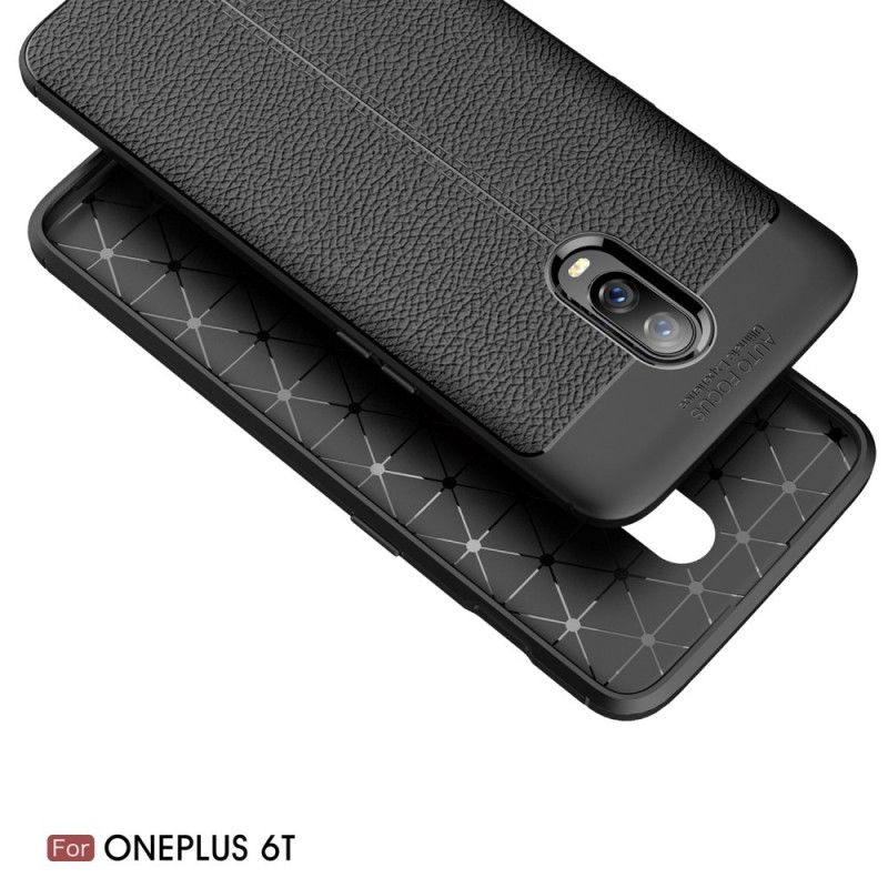 Cover OnePlus 6T Sort Dobbeltlinjeret Lychee-Lædereffekt