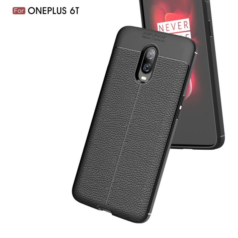 Cover OnePlus 6T Sort Dobbeltlinjeret Lychee-Lædereffekt