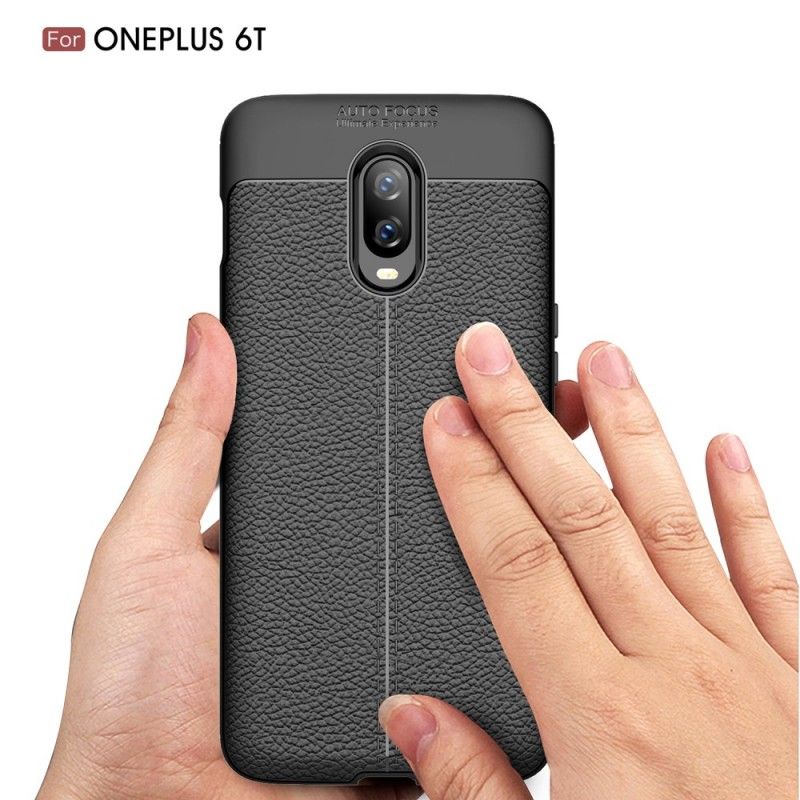 Cover OnePlus 6T Sort Dobbeltlinjeret Lychee-Lædereffekt