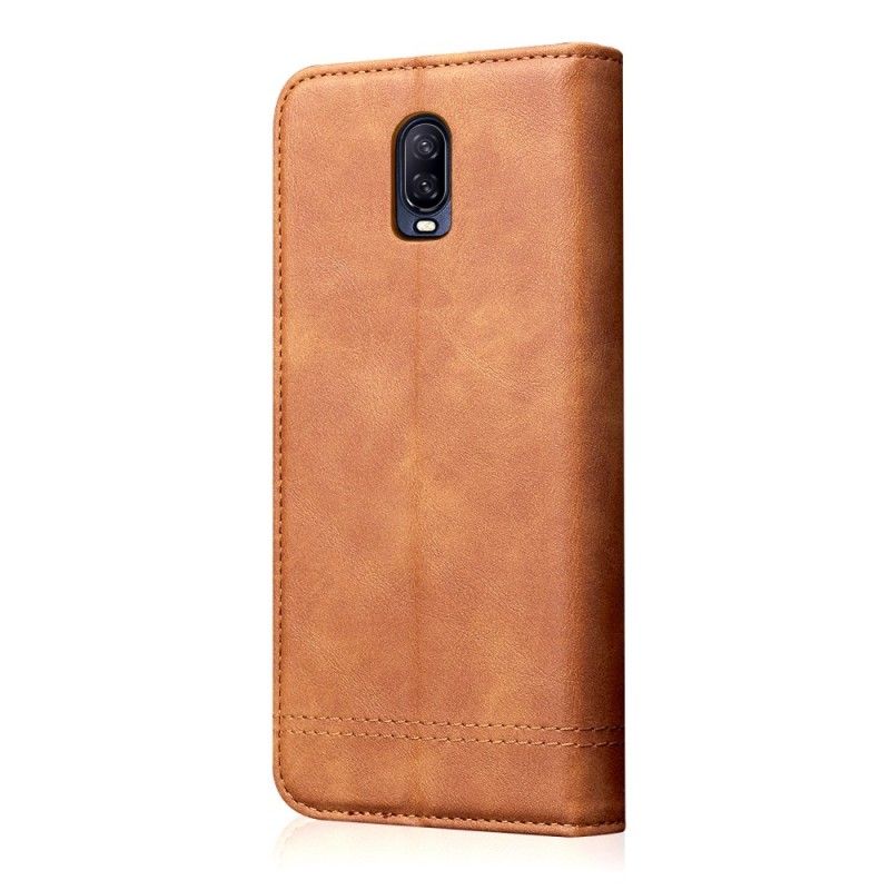 Læder Cover for OnePlus 6T Rød Syet Lædereffekt