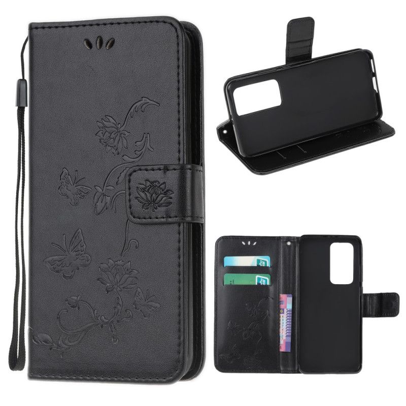 Flip Cover Læder Xiaomi Mi 10T / 10T Pro Sort Sommerfugle Og Blomster I Asien Original