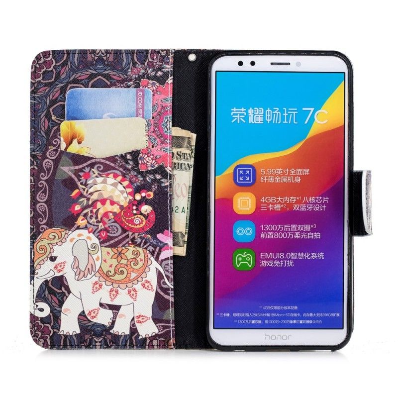 Flip Cover Læder for Huawei Y7 2018 Etnisk Elefantmandala