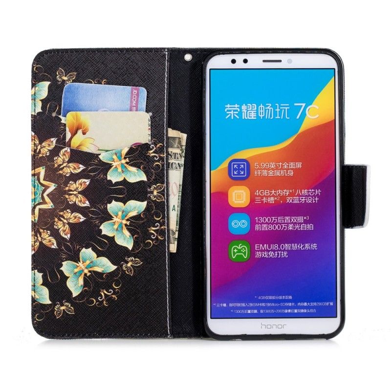 Flip Cover Læder for Huawei Y7 2018 Sommerfuglemandala