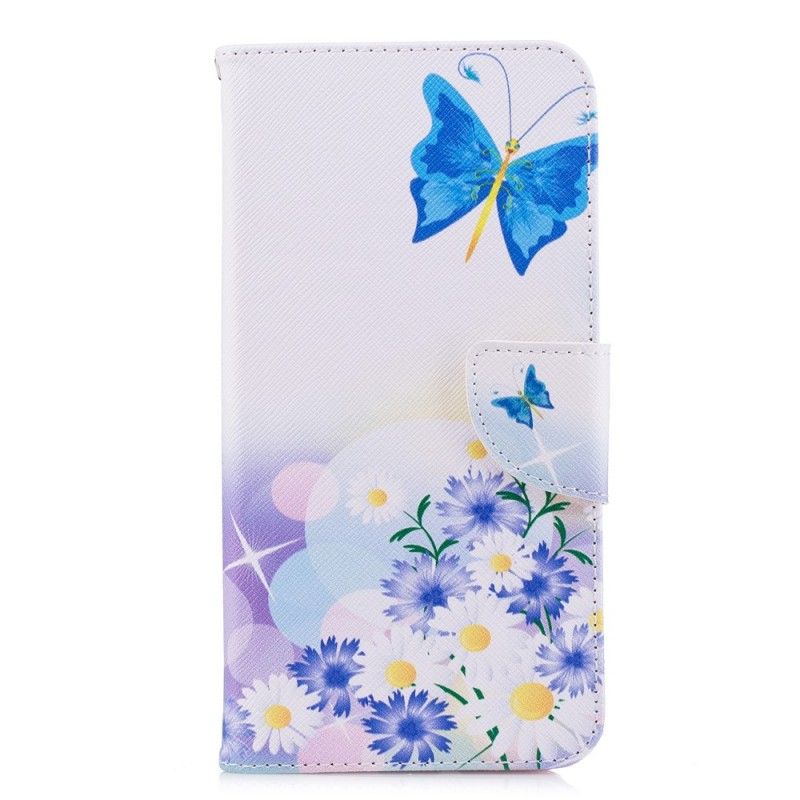 Flip Cover Læder Huawei Y7 2018 Lyseblå Malede Sommerfugle Og Blomster