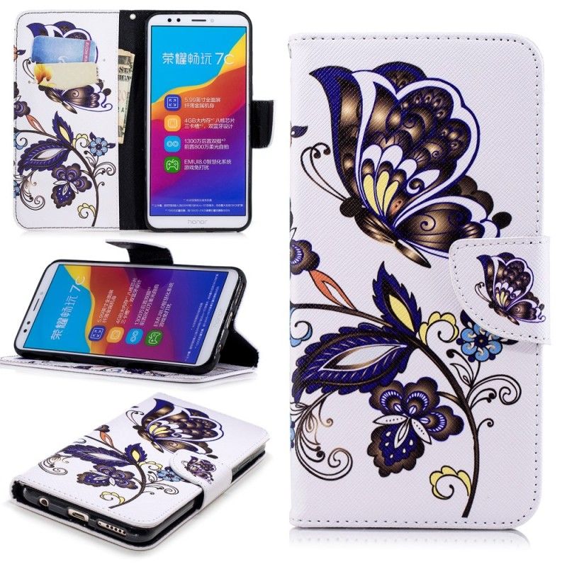 Flip Cover Læder Huawei Y7 2018 Sommerfugletatovering