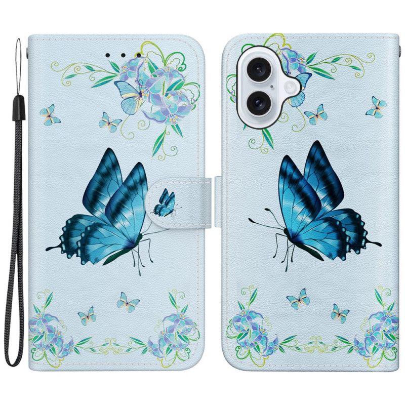 Flip Cover iPhone 16 Plus Blå Sommerfugle Og Blomster Med Rem