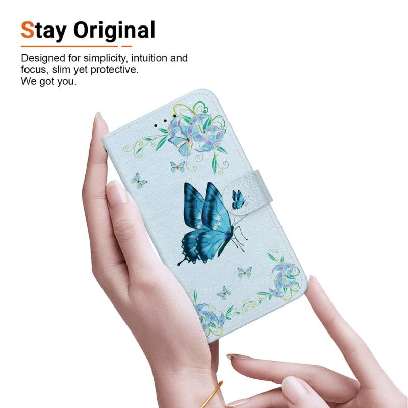 Flip Cover iPhone 16 Plus Blå Sommerfugle Og Blomster Med Rem