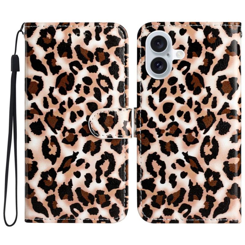 Flip Cover iPhone 16 Plus Leopardmønster Med Rem