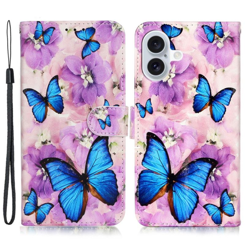 Flip Cover iPhone 16 Plus Sommerfugle Og Lilla Blomster Med Rem