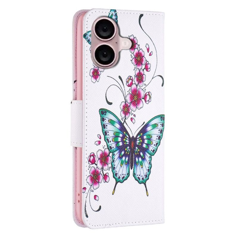 Flip Cover Til iPhone 16 Plus Blomster Og Sommerfugle