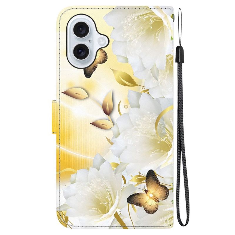 Læder Cover iPhone 16 Plus Gyldne Sommerfugle Og Hvide Blomster Med Rem