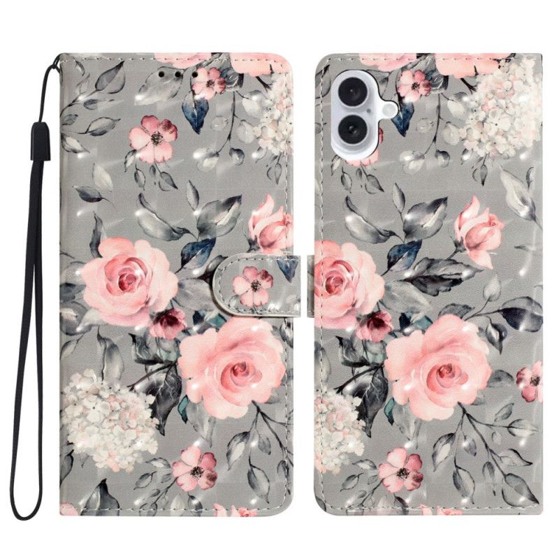 Læder Cover iPhone 16 Plus Lyserøde Blomster Med Rem