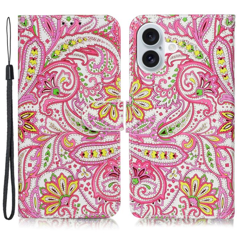 Læder Cover iPhone 16 Plus Telefon Etui Blomstermønster Med Rem