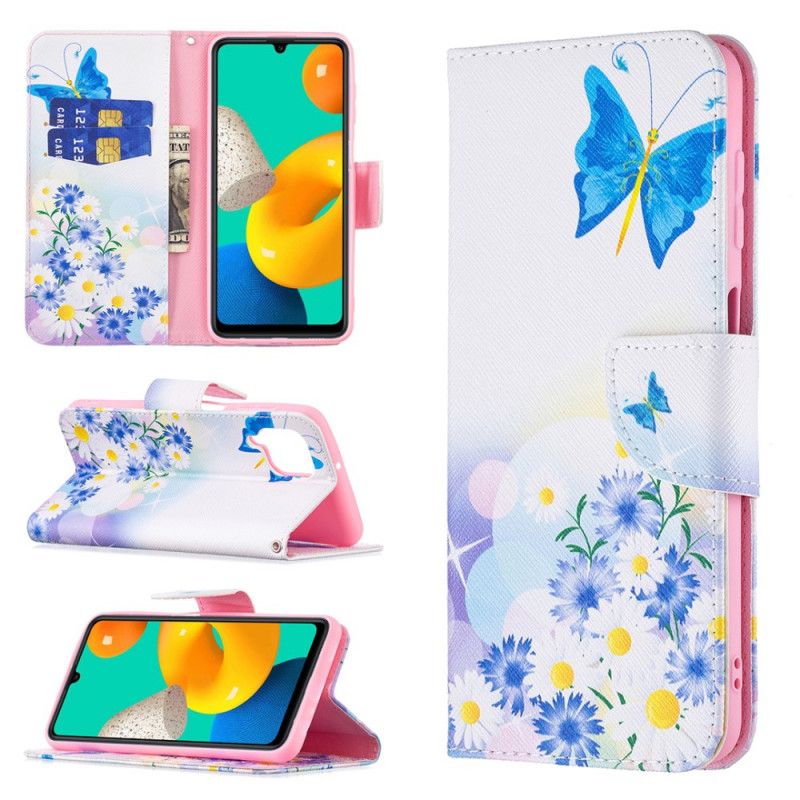 Flip Cover Til Samsung Galaxy M32 Malede Sommerfugle Og Blomster