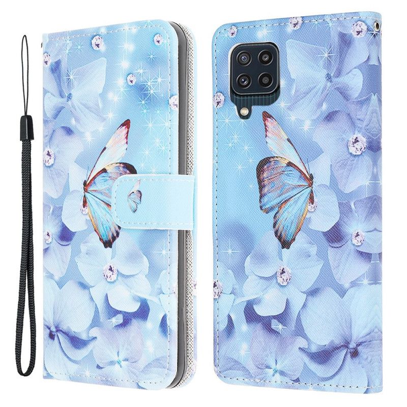 Læder Cover Samsung Galaxy M32 Diamond Strappy Sommerfugle