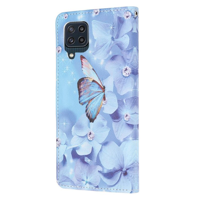 Læder Cover Samsung Galaxy M32 Diamond Strappy Sommerfugle